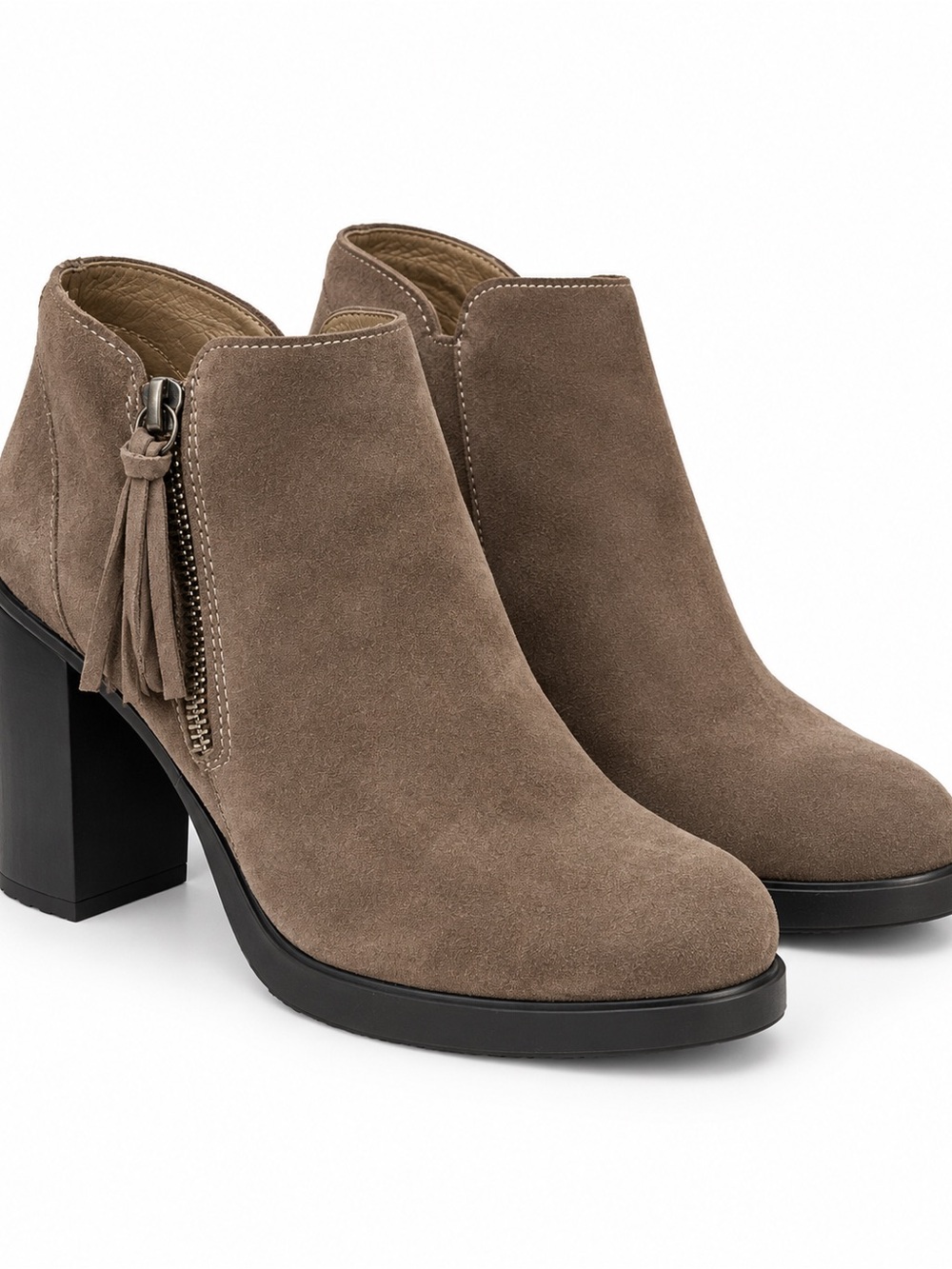 Giani Bernini Taupe Suede Tassel Side-Zip Block Heel Booties cushioned foot bed